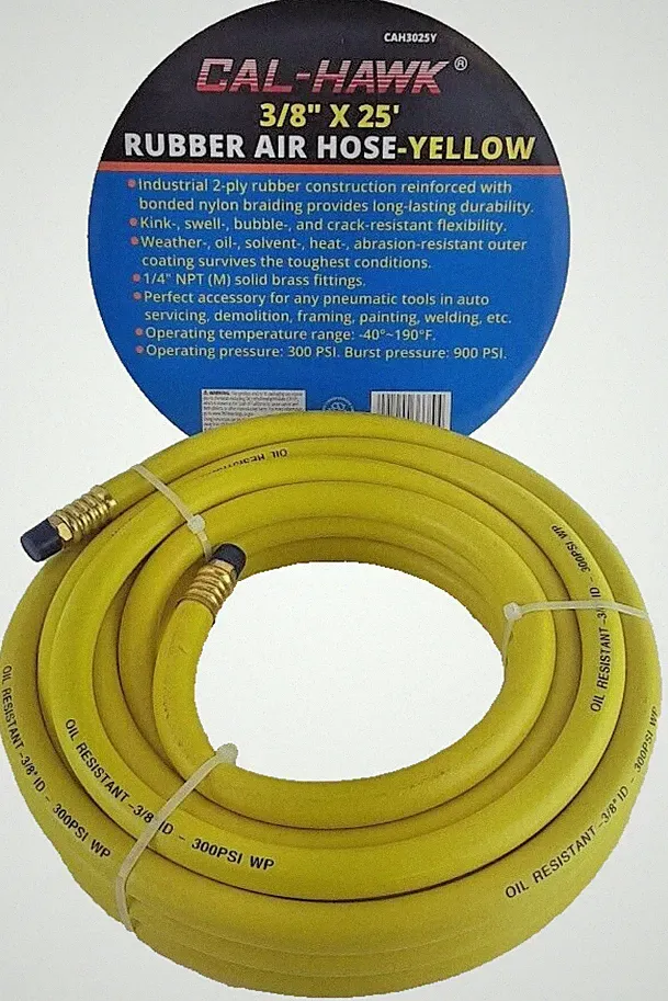 3/8" ID x 25 FT x 1/4" NPT (M) Industrial Air Compressor Rubber Air Hose-Yellow